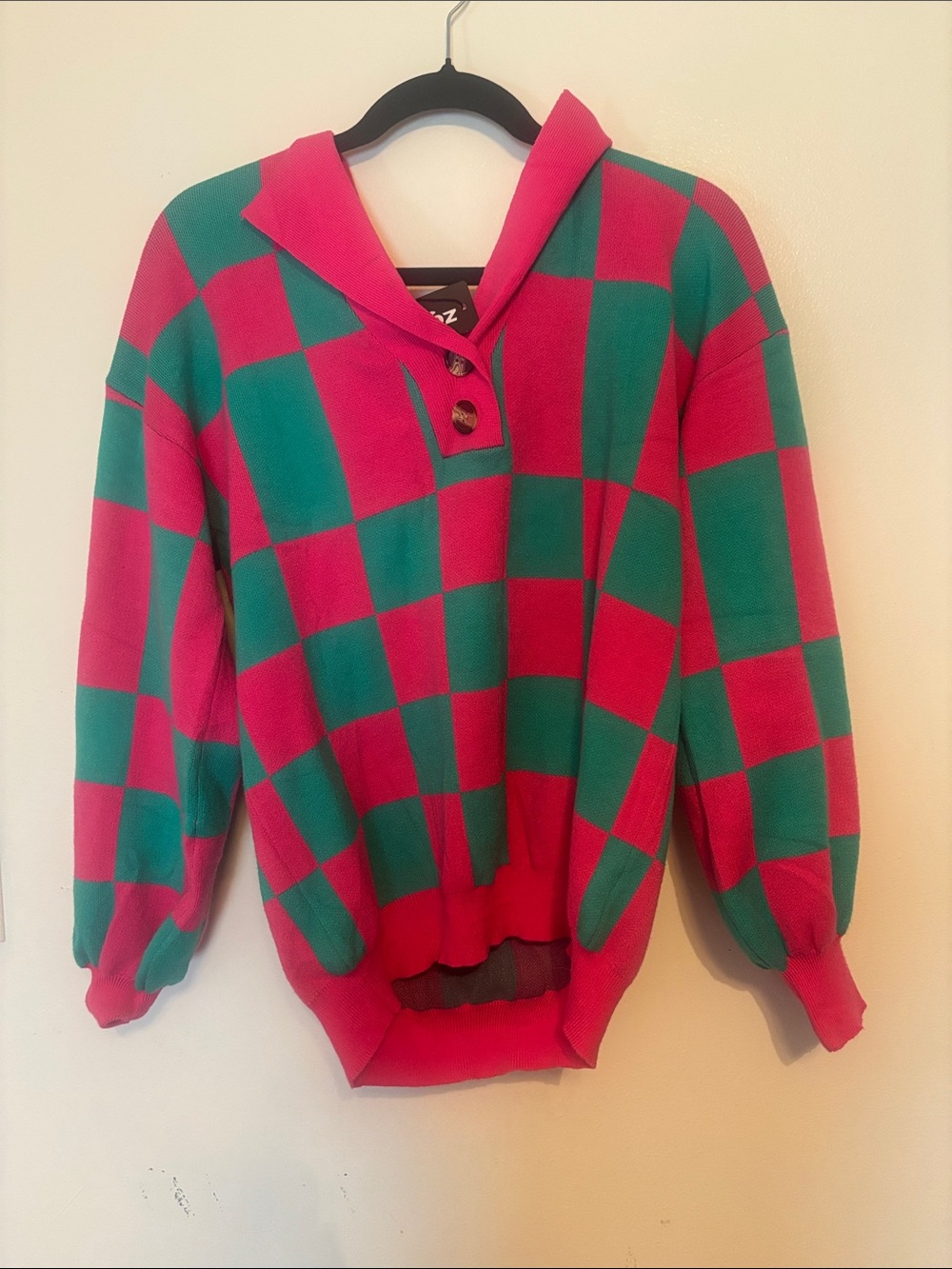 zeagoo Pink & Teal Checkered Cowl Button Sweater